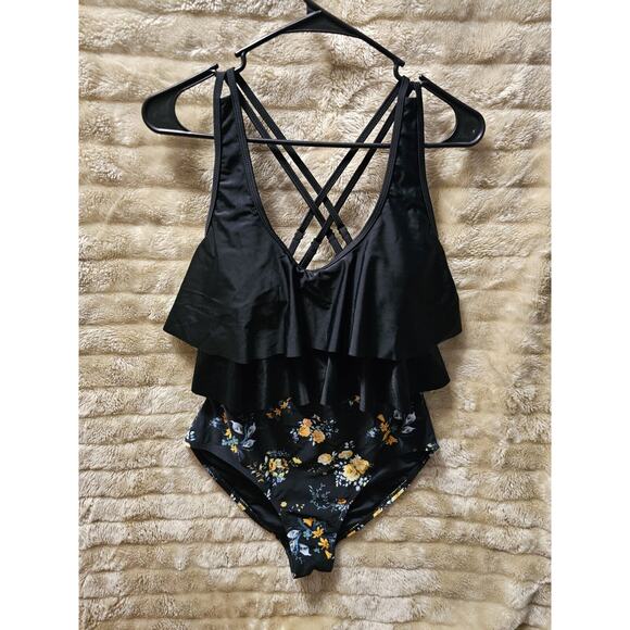 Ocean Blues One Piece Swimsuit Floral With Black Ruffled Top Strappy Size M - Picture 1 of 9